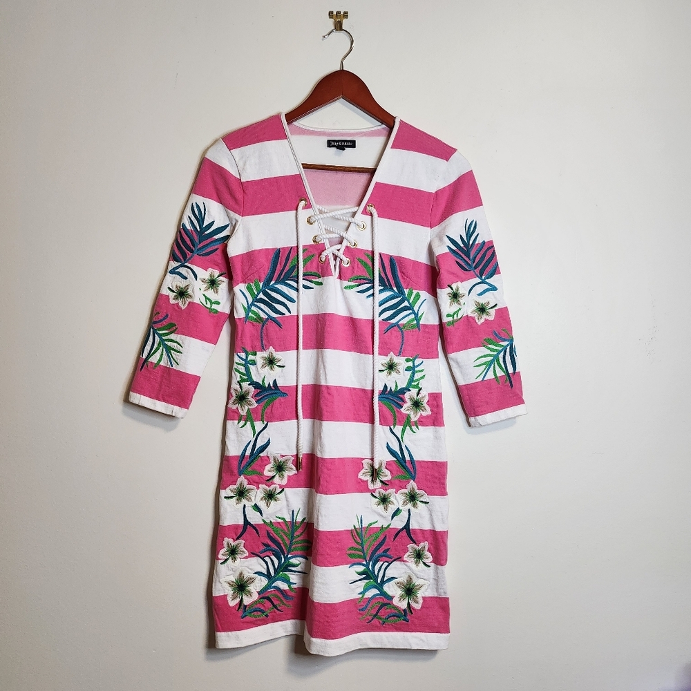 Juicy Couture Pink & White Embroidered Striped Dress